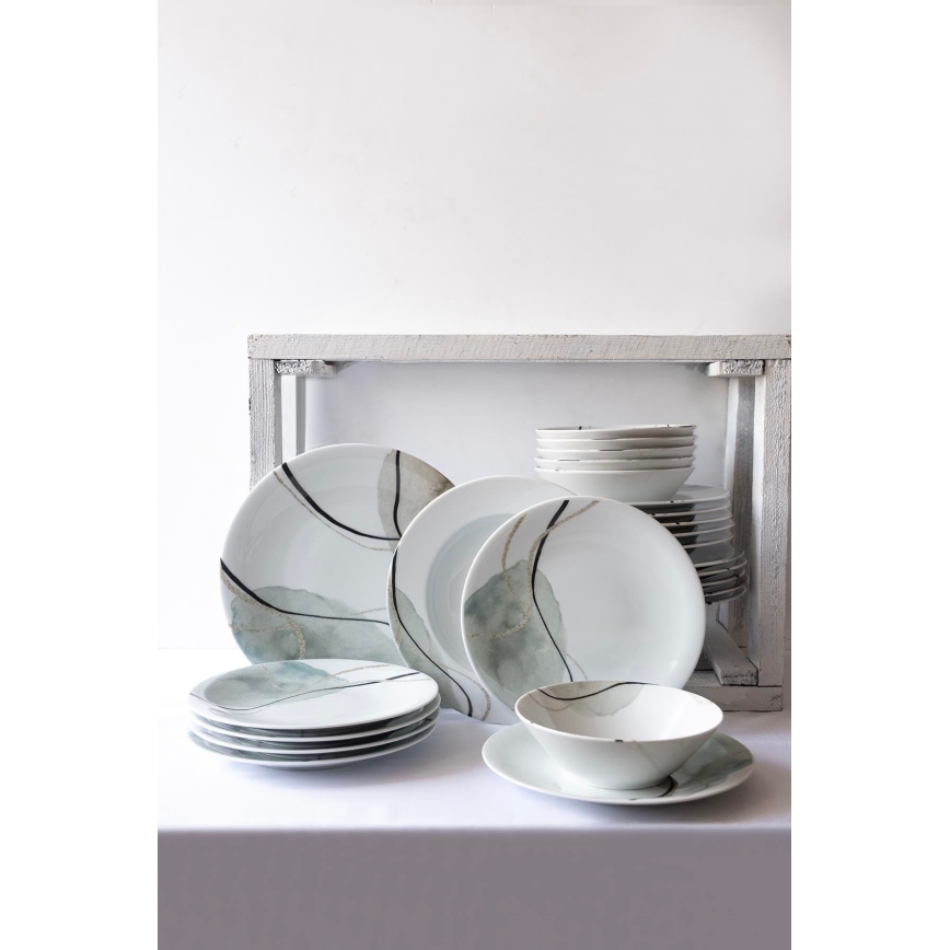 24-dielna jedálenská súprava, sivá/zelená, porcelán