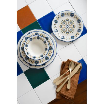 24-dielna jedálenská súprava z porcelánu, biela/modrá/žltá