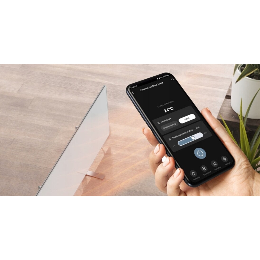 AENO - Inteligentný elektrický infrapanel s LED displejom 700W časovač/termostat IP44 Wi-fi biela