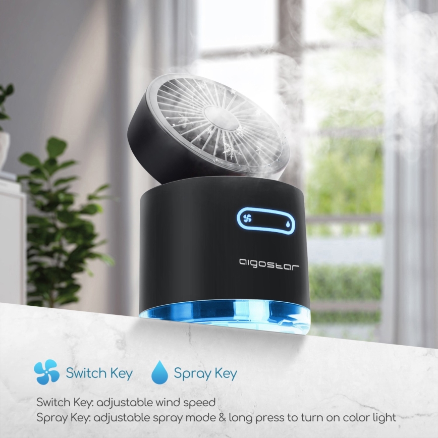 Aigostar - RGB Bezdrôtový mini stolný ventilátor s hmlovým efektom MIST 10W/5V 2000mAh čierna