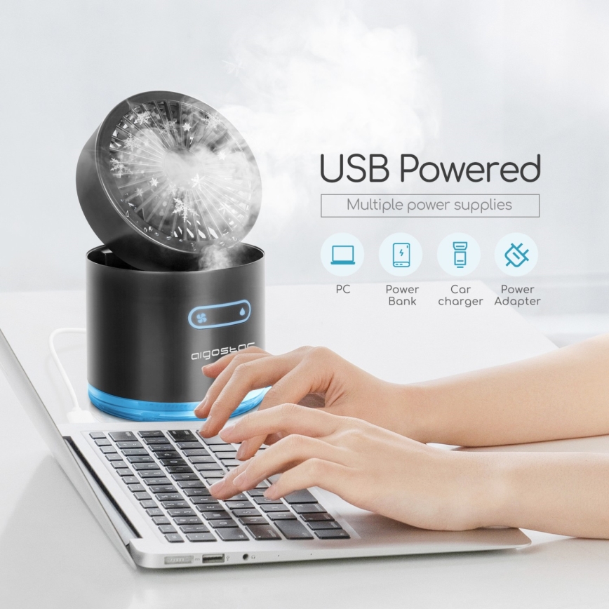 Aigostar - RGB Bezdrôtový mini stolný ventilátor s hmlovým efektom MIST 10W/5V 2000mAh čierna