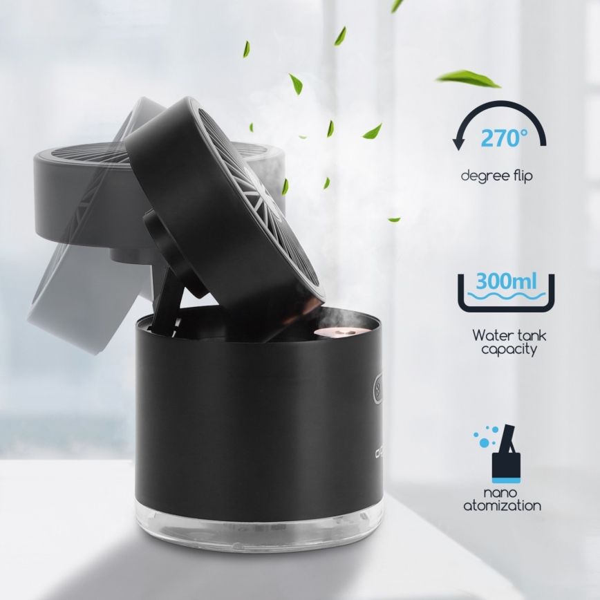 Aigostar - RGB Bezdrôtový mini stolný ventilátor s hmlovým efektom MIST 10W/5V 2000mAh čierna