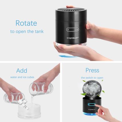 Aigostar - RGB Bezdrôtový mini stolný ventilátor s hmlovým efektom MIST 10W/5V 2000mAh čierna