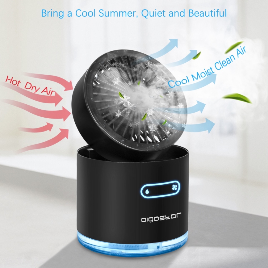 Aigostar - RGB Bezdrôtový mini stolný ventilátor s hmlovým efektom MIST 10W/5V 2000mAh čierna