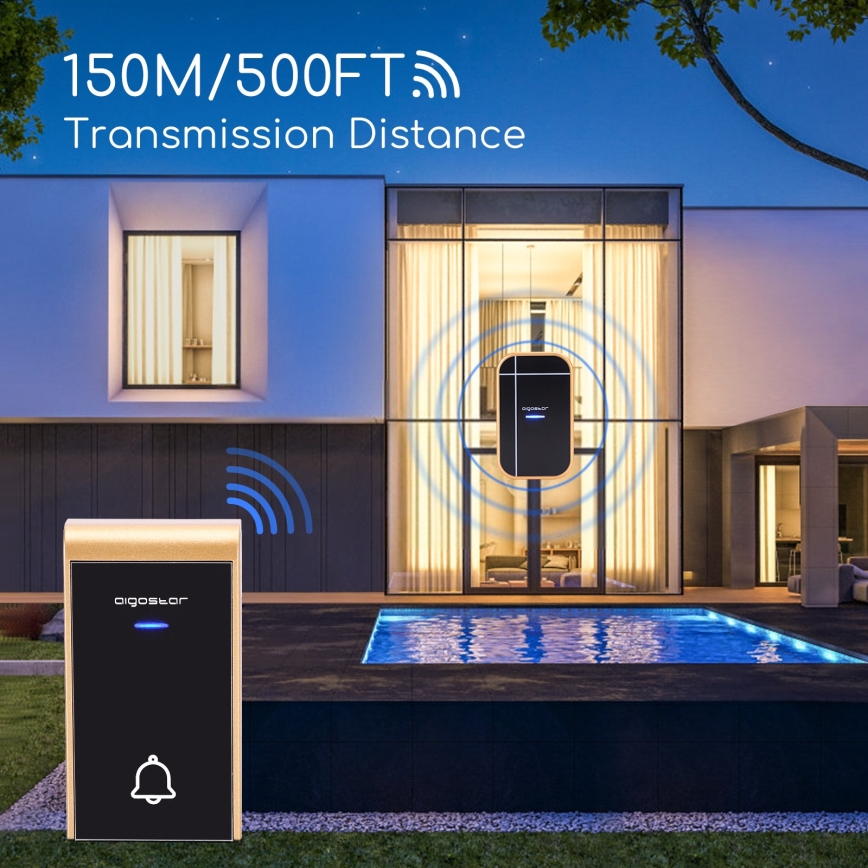 Aigostar - Bezdrôtový zvonček do zásuvky 230V/12V IP44 čierna