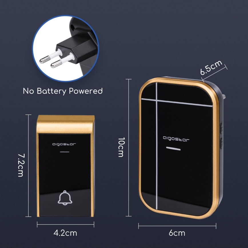 Aigostar - Bezdrôtový zvonček do zásuvky 230V/12V IP44 čierna