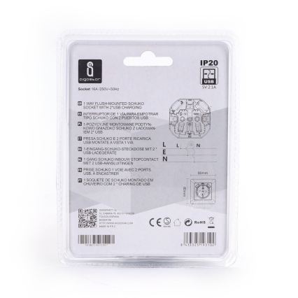 Aigostar - Domáca zásuvka SCHUKO 250V + 2x USB, biela, s rámikom