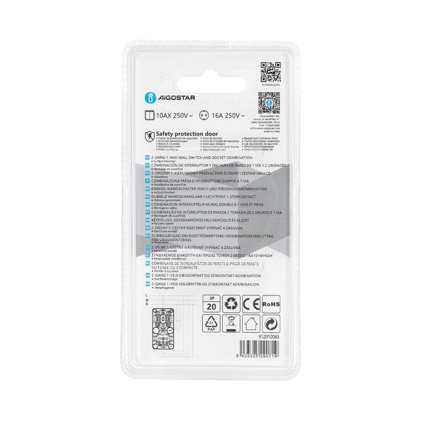Aigostar - Domový vypínač 2P so zásuvkou 1x10A/250V SCHUKO