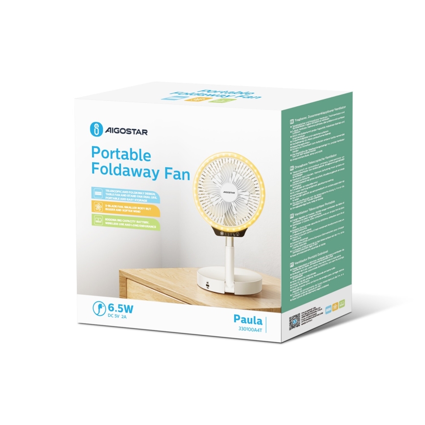 Aigostar - LED bezdrôtový skladací ventilátor s USB portom 6,5 W/5 V 8000 mAh