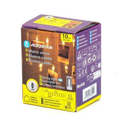 Aigostar - LED dekoračný reťazec 10xLED/5W/USB 5 m teplá biela