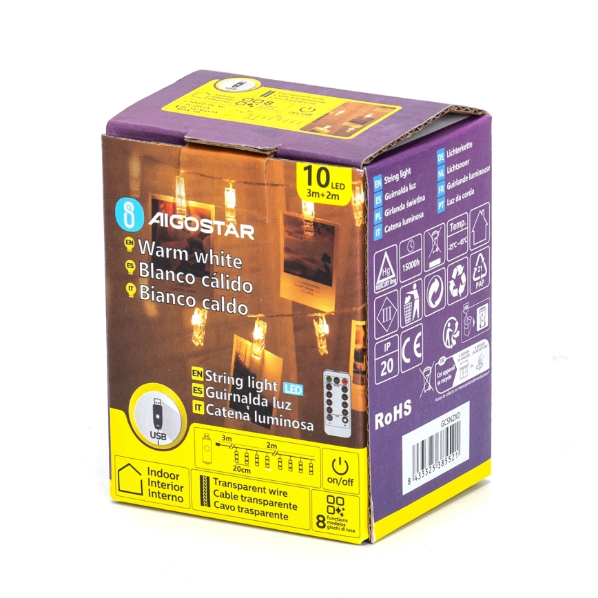 Aigostar - LED dekoračný reťazec 10xLED/5W/USB 5 m teplá biela