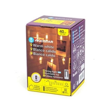 Aigostar - LED dekoračný reťazec 40xLED/5W/USB 9 m teplá biela