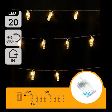 Aigostar - LED dekoračný reťazec s kolíčkami 20xLED/3xAA 3,3 m teplá biela
