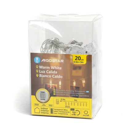 Aigostar - LED dekoratívna reťaz s kolíčkami 20xLED/3xAA 3,3m teplá biela