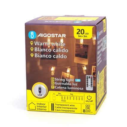Aigostar - LED dekoratívny reťaz 20xLED/5W/USB 6 m teplá biela