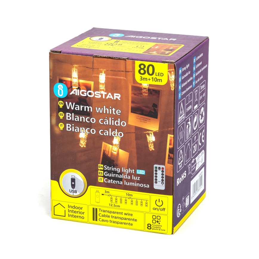 Aigostar - LED dekoratívny svetelný reťazec 80 LED/5 W/USB, 13 m, teplá biela