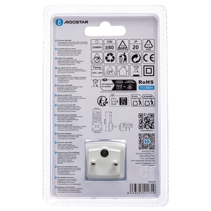 Aigostar - LED Nočné svetlo so senzorom súmraku LED/0,2W/230V 3000K