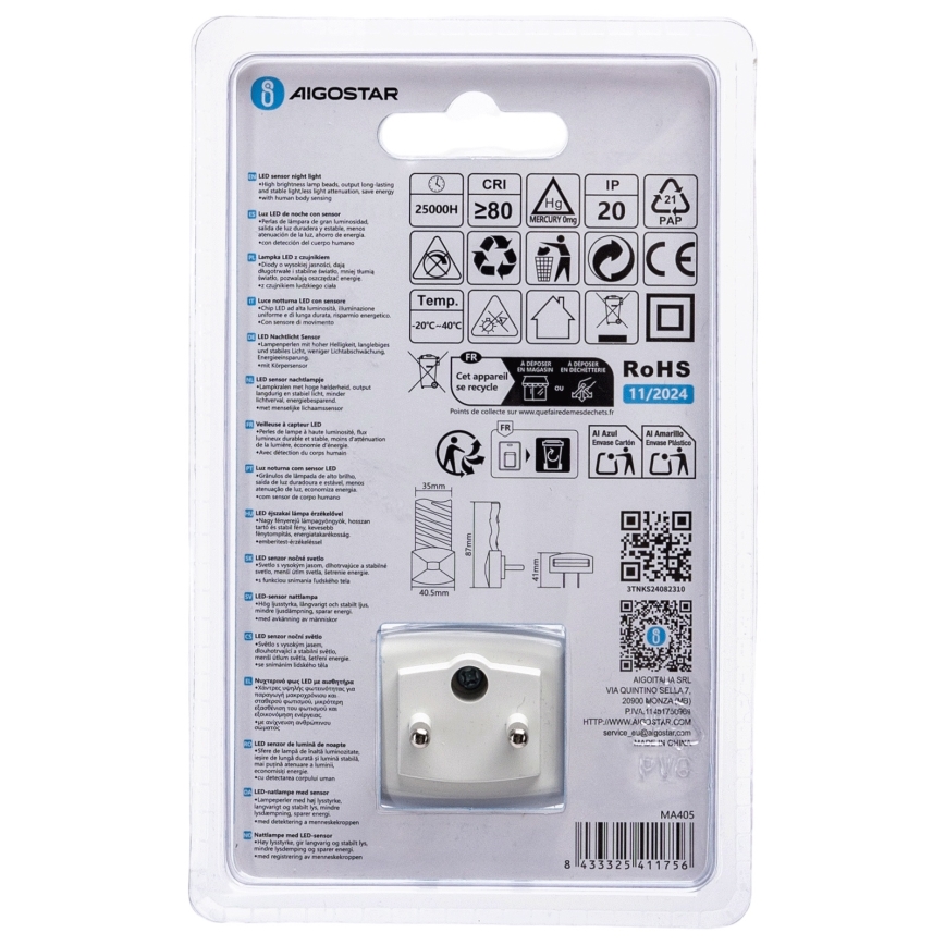 Aigostar - LED Nočné svetlo so senzorom súmraku LED/0,2W/230V 6500K