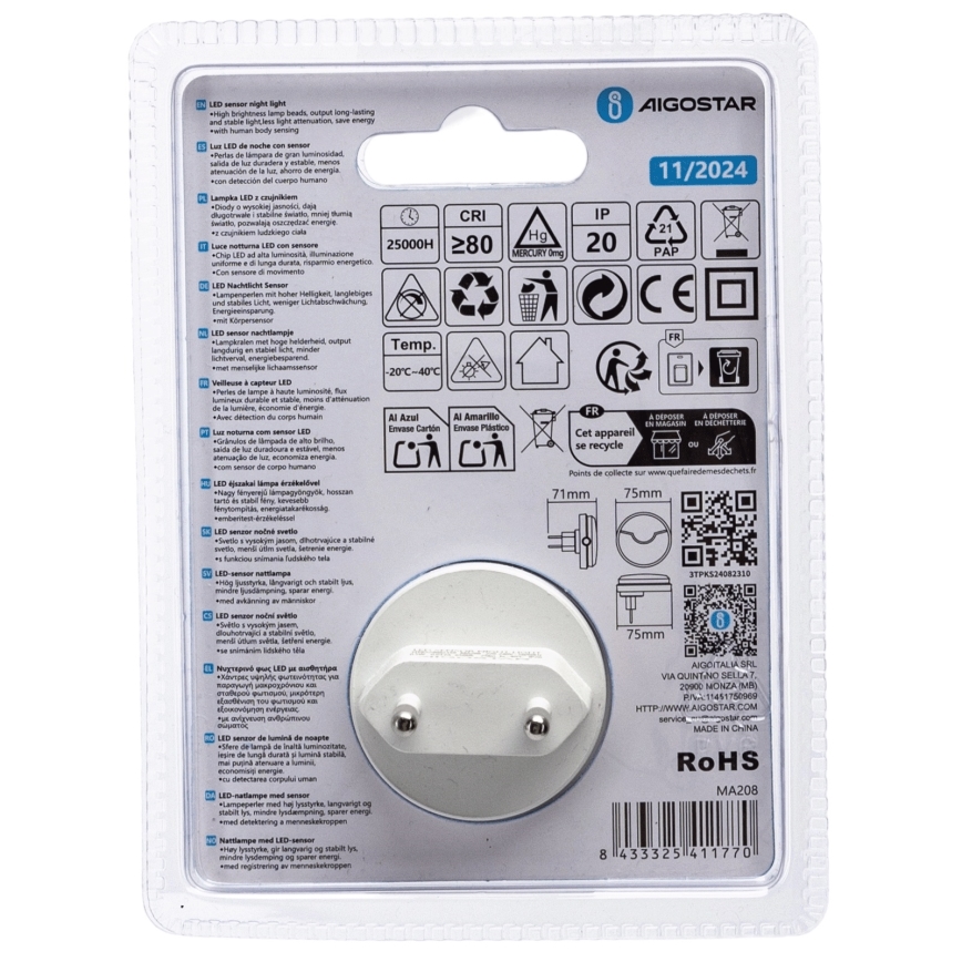 Aigostar - LED Nočné svetlo so senzorom súmraku LED/0,5W/230V 6500K