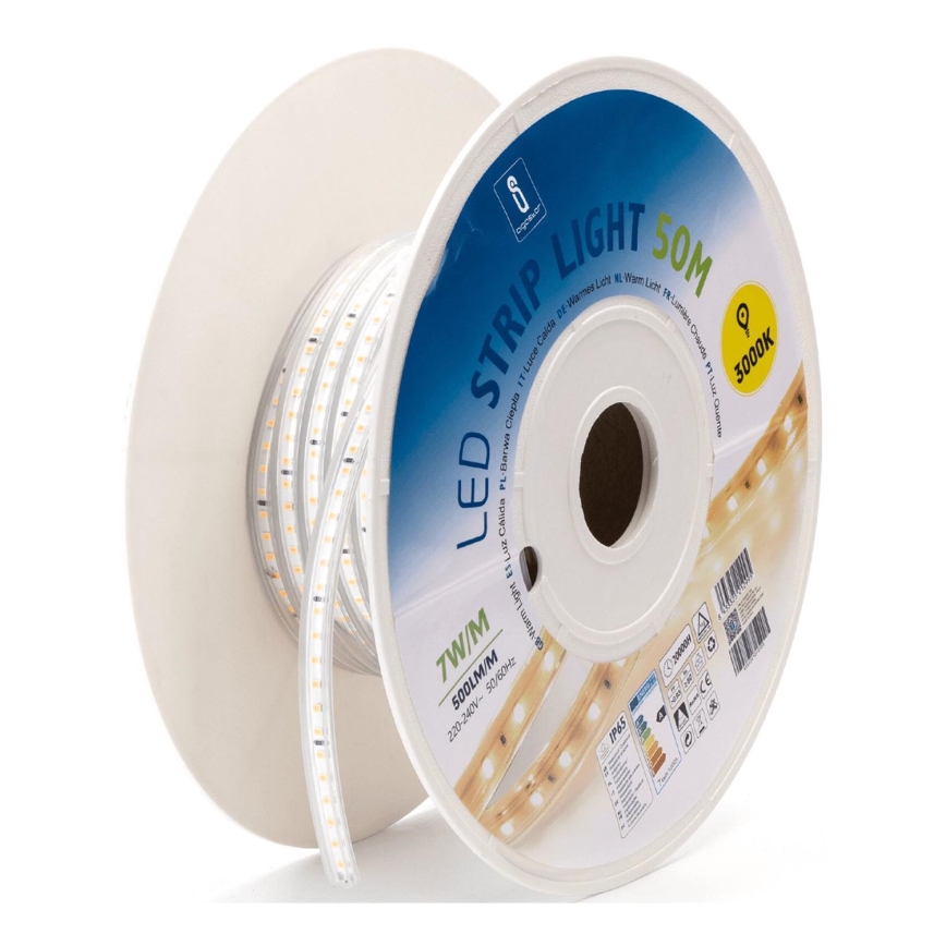 LED pásik je navinutý na cievke. Pásik má dĺžku 500 mm, príkon 7 W/m a svetelný tok 500 lm/m. Pracuje pri 220-240 V, 50/60 Hz a má stupeň krytia IP65. Farba svetla je 3000 K (teplá biela).