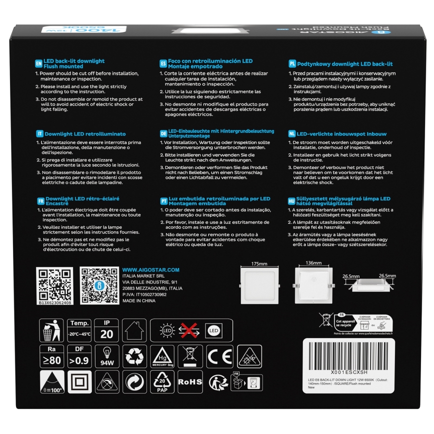 Aigostar - LED podhľadové svietidlo LED/12W/230V 6500K 17,5x17,5 cm biele