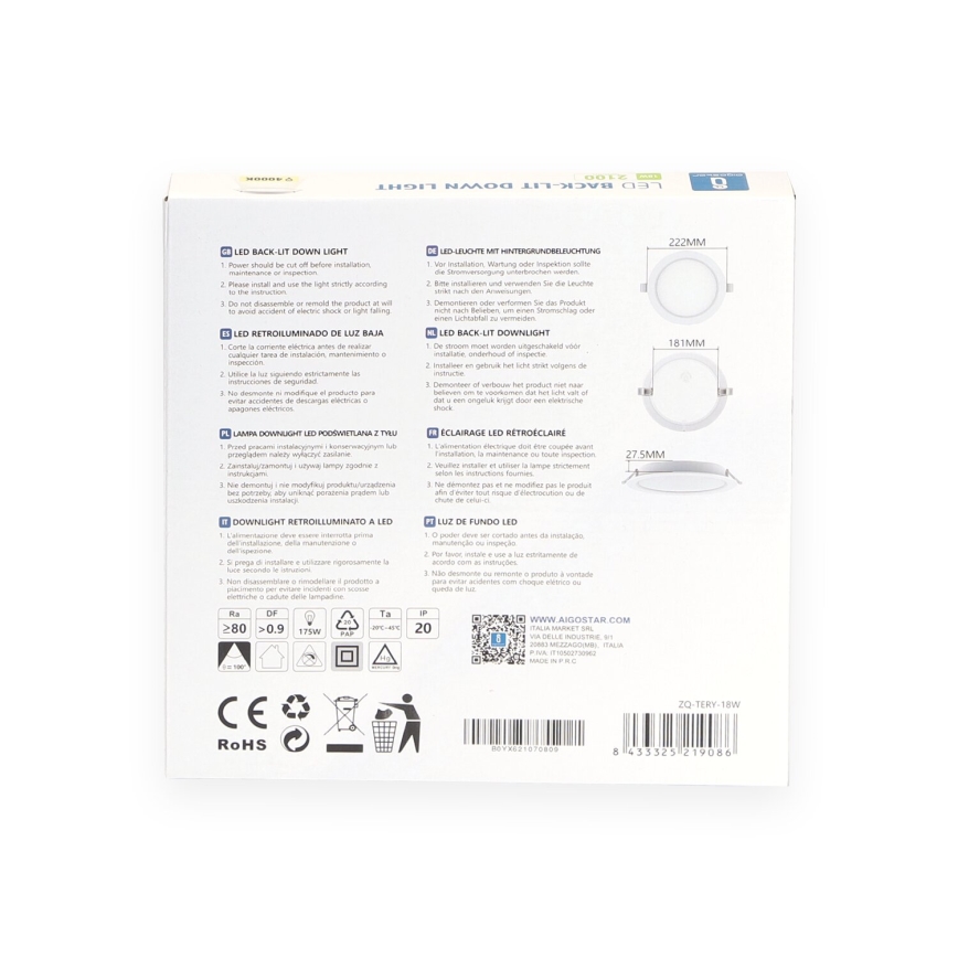 Aigostar - LED Podhľadové svietidlo LED/18W/230V 4000K pr. 22 cm biela