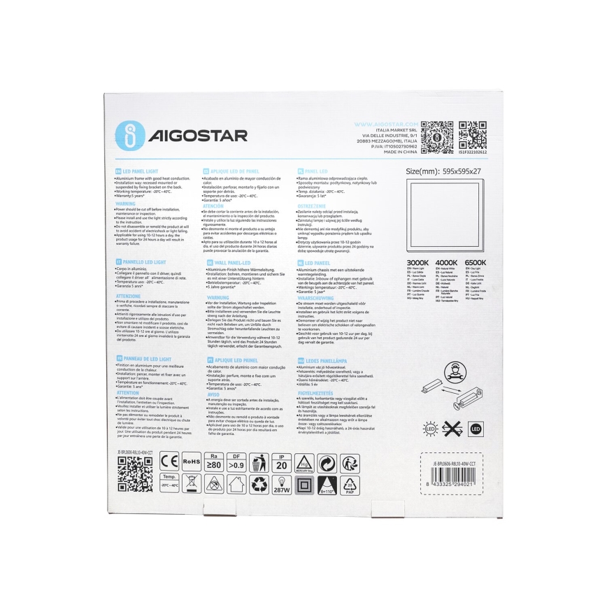 Aigostar - LED Podhľadový panel LED/40W/230V 3000K/4000K/6500K 60x60cm biela