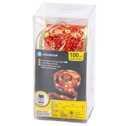 Aigostar - LED reťaz 100xLED/3xAA 10 m teplá biela červená
