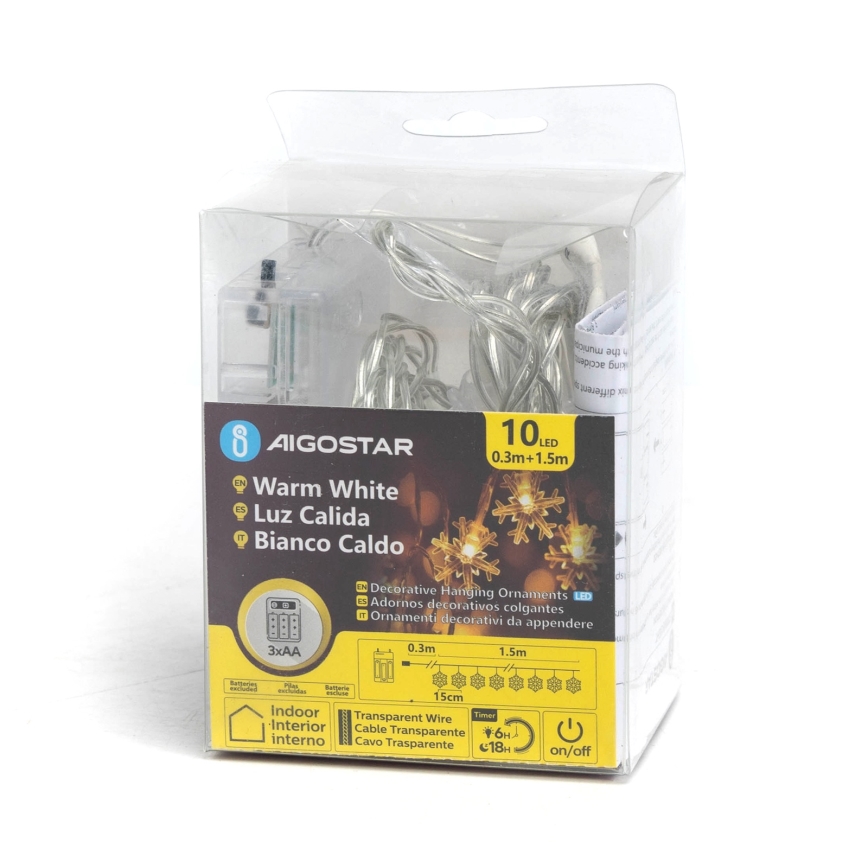 Aigostar - LED reťaz 10×LED/3×AA, 1,5 m, teplá biela, snehové vločky