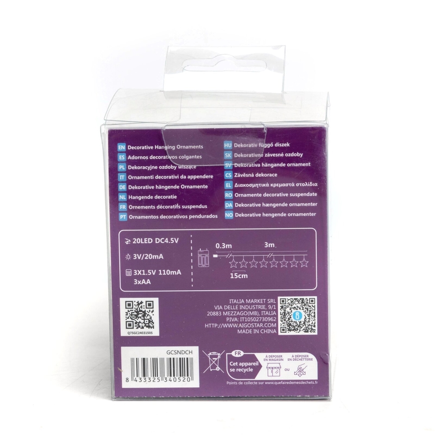Aigostar - LED reťaz 20xLED/3xAA 3,3 m hviezdy