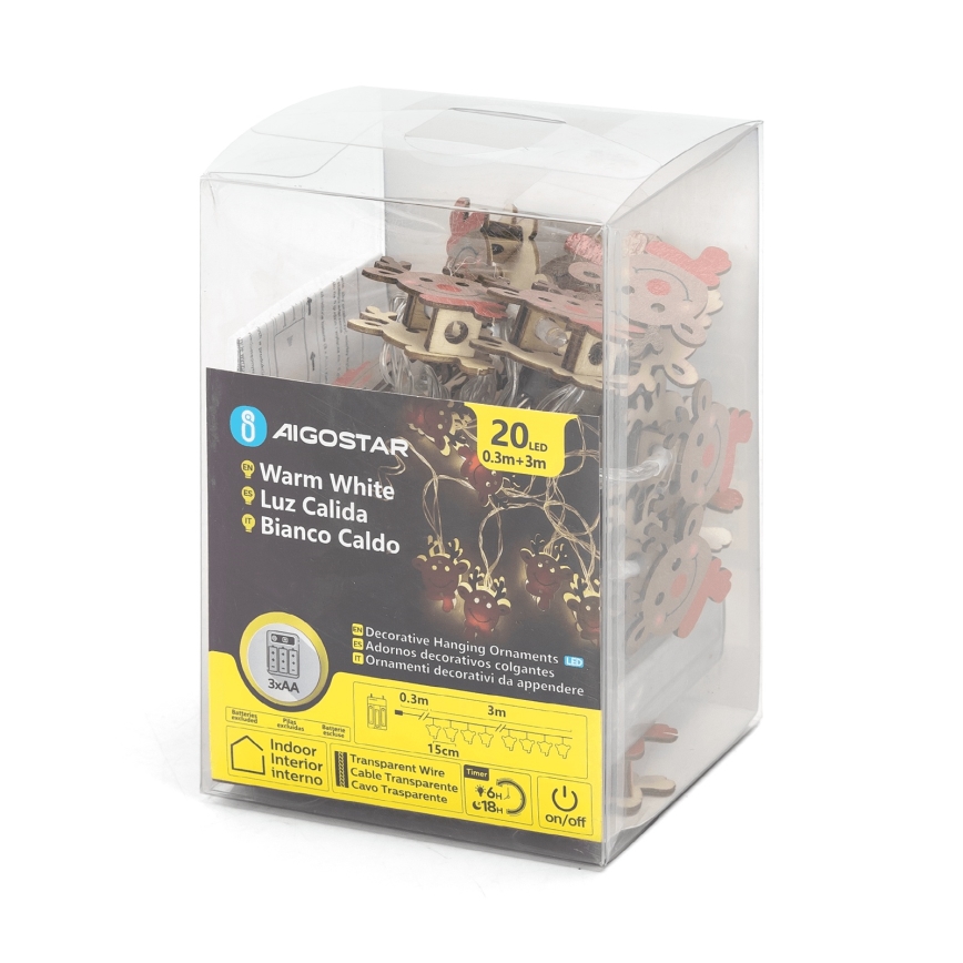 Aigostar - LED reťaz 20×LED/3×AA, 3 m, teplá biela, sob