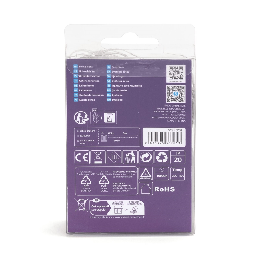 Aigostar - LED reťaz 50xLED/3xAA 5,3m teplá biela