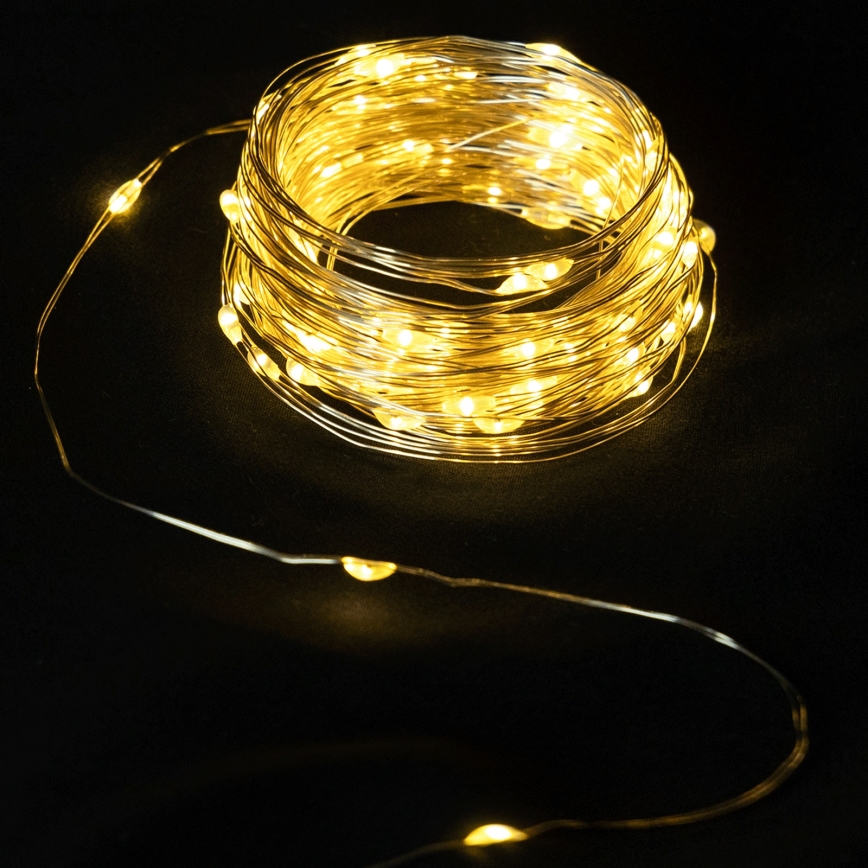 Aigostar - Vonkajší LED svetelný reťazec, 50 LED, 8 funkcií, napájanie 3× AA, dĺžka 5,3 m, teplá biela