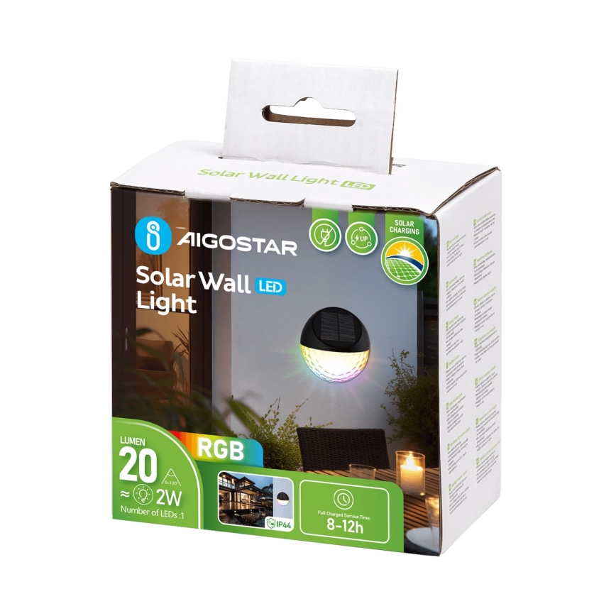 Aigostar - LED RGB solárne nástenné svietidlo LED/2W/1,2V 300 mAh čierna IP44
