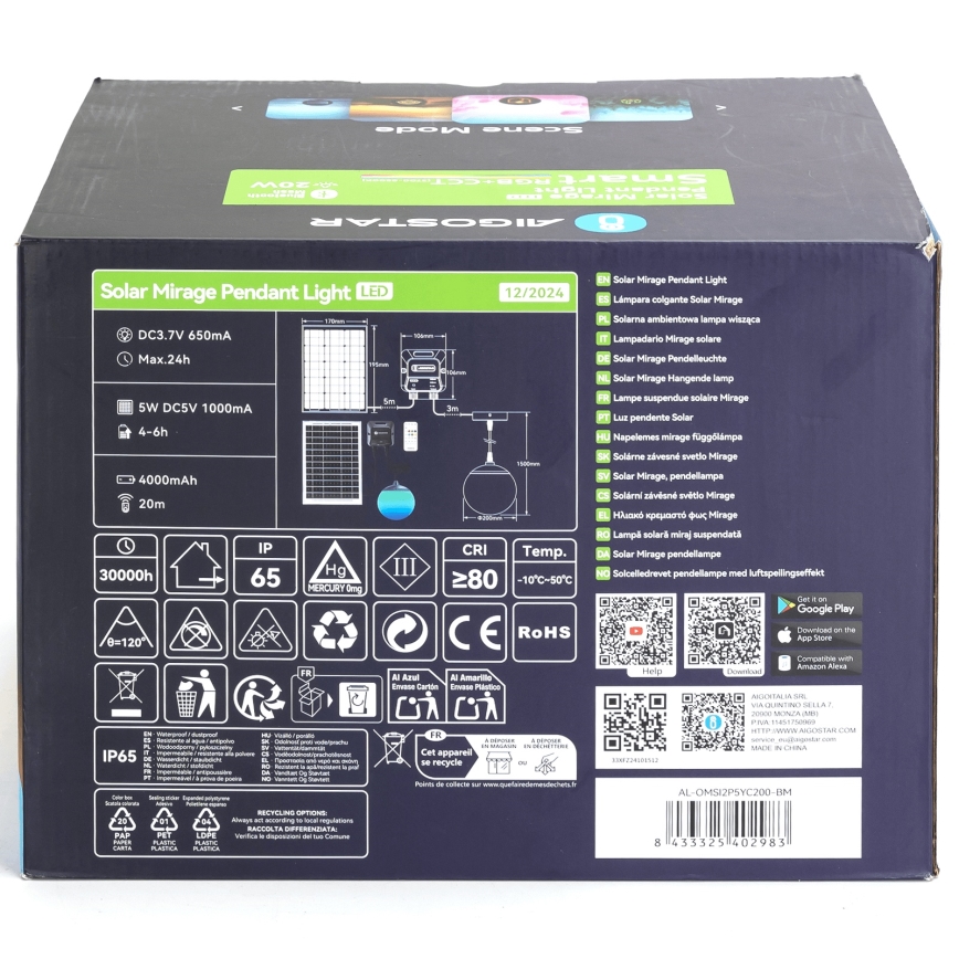 Aigostar - LED RGB Stmievateľný solárny luster MESH LED/20W/3,7V 4000 mAh 2700K-6500K IP65 pr. 20 cm