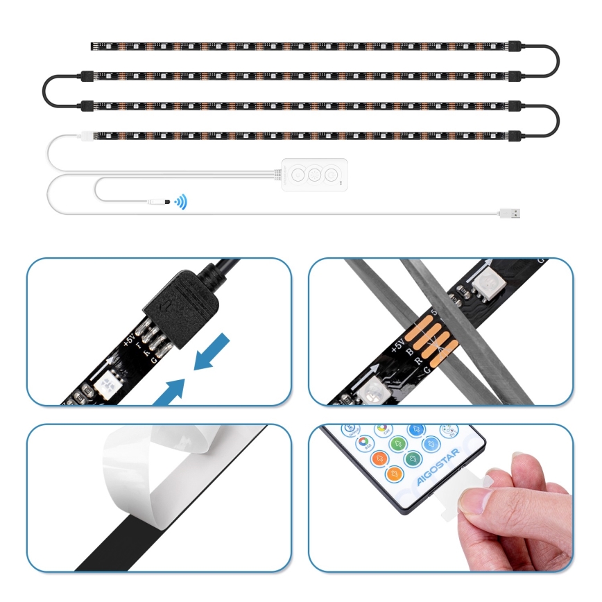 Aigostar - LED RGB Inteligentný Stmievateľný pásik 4x0,5m LED/4,5W/5V Wi-Fi + diaľkové ovládanie
