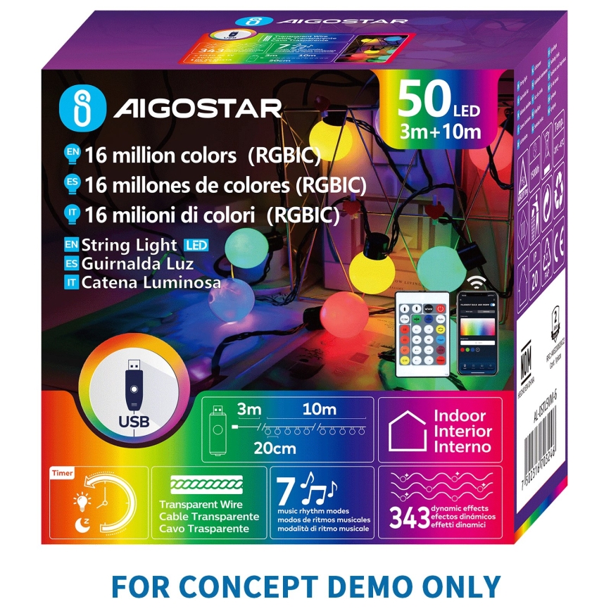 Aigostar - LED RGBIC Dekoratívny svetelný reťaz 25xLED/5W/USB 10 m viacfarebný