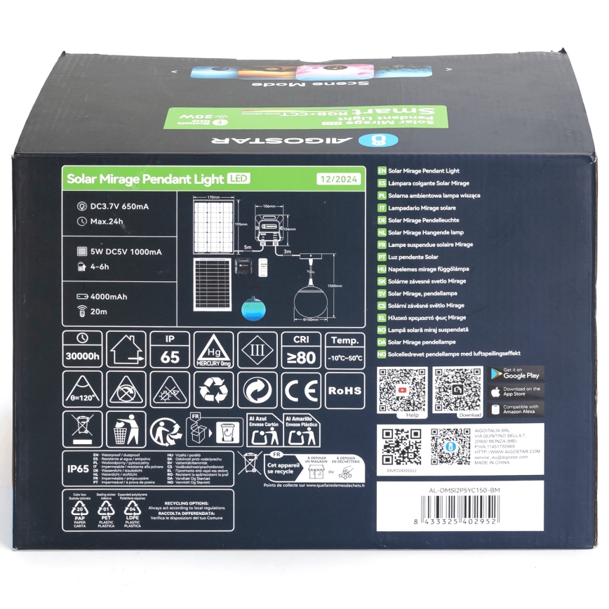 Aigostar - LED RGBW Stmievateľný solárny luster MESH LED/20W/3,7V 4000 mAh 2700K-6500K IP65 pr. 15 cm