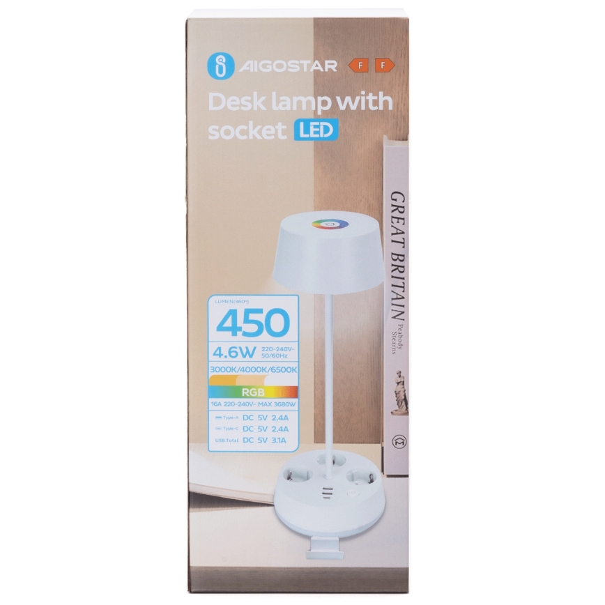 Aigostar - LED RGBW Stmievateľná stolná lampa so zásuvkami a USB LED/4,6W/230V 3000/4000/6500K biela