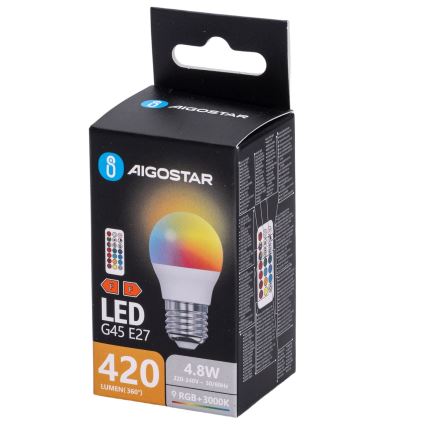 Aigostar - LED RGBW stmievateľná žiarovka G45 E27/4,8W/230V 3000K + diaľkové ovládanie