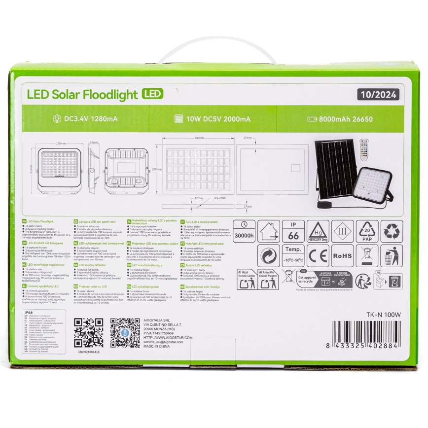 Aigostar - LED RGBW Stmievateľný solárny reflektor LED/100W/3,4V IP66 + diaľkové ovládanie