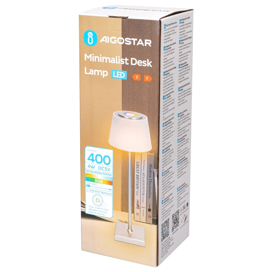 Aigostar - LED RGBW Vonkajšia stmievateľná nabíjacia stolná lampa LED/4W/5V 3600mAh biela/matný chróm IP54