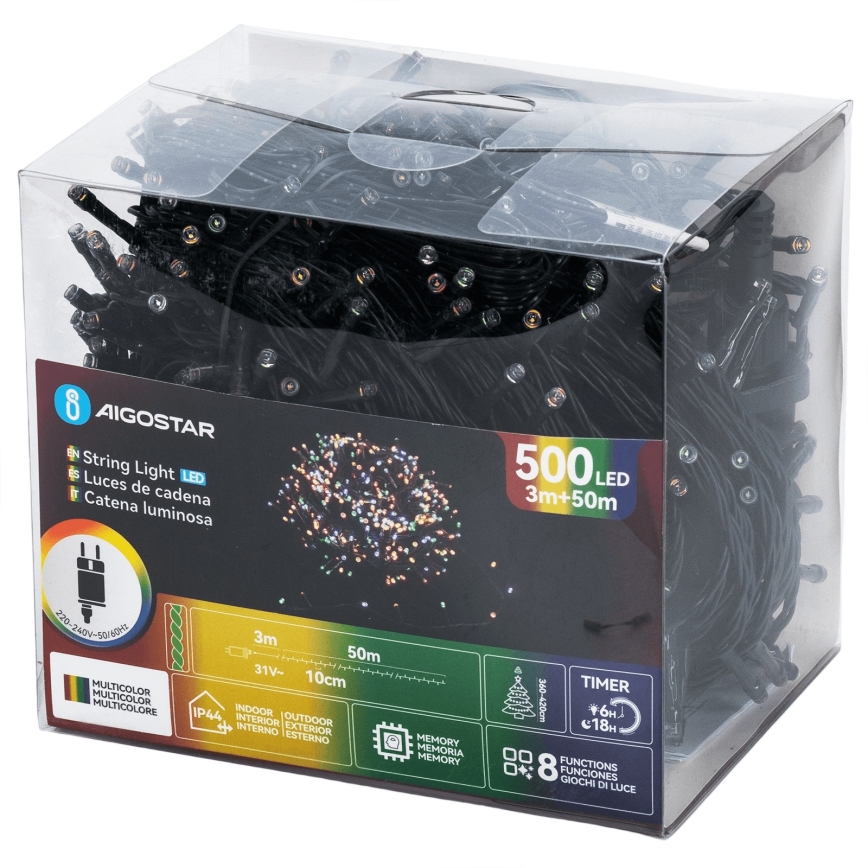 Aigostar - LED Vonkajší vianočný reťaz 500xLED/8 funkcií 50m IP44 viacfarebný