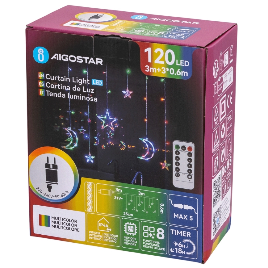 Aigostar - LED RGBY vonkajšia vianočná reťaz 120xLED/8 funkcií 3x0,6m IP44 viacfarebná + diaľkové ovládanie
