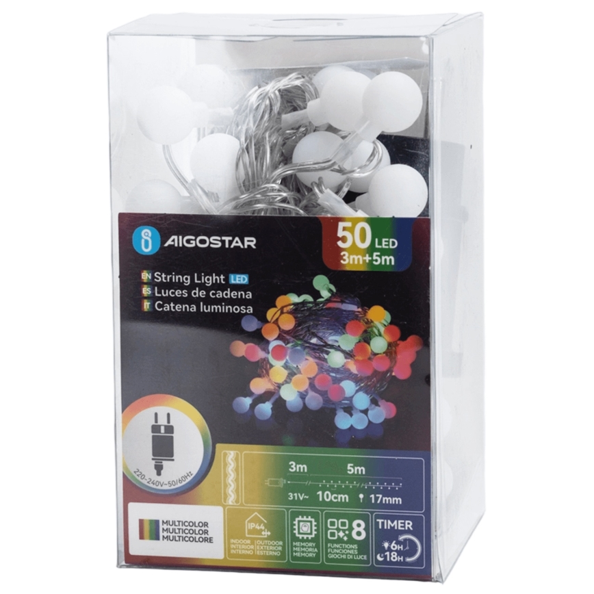 Aigostar - Vonkajší LED dekoračný reťaz 50xLED/8 funkcií 5 m IP44 viacfarebný