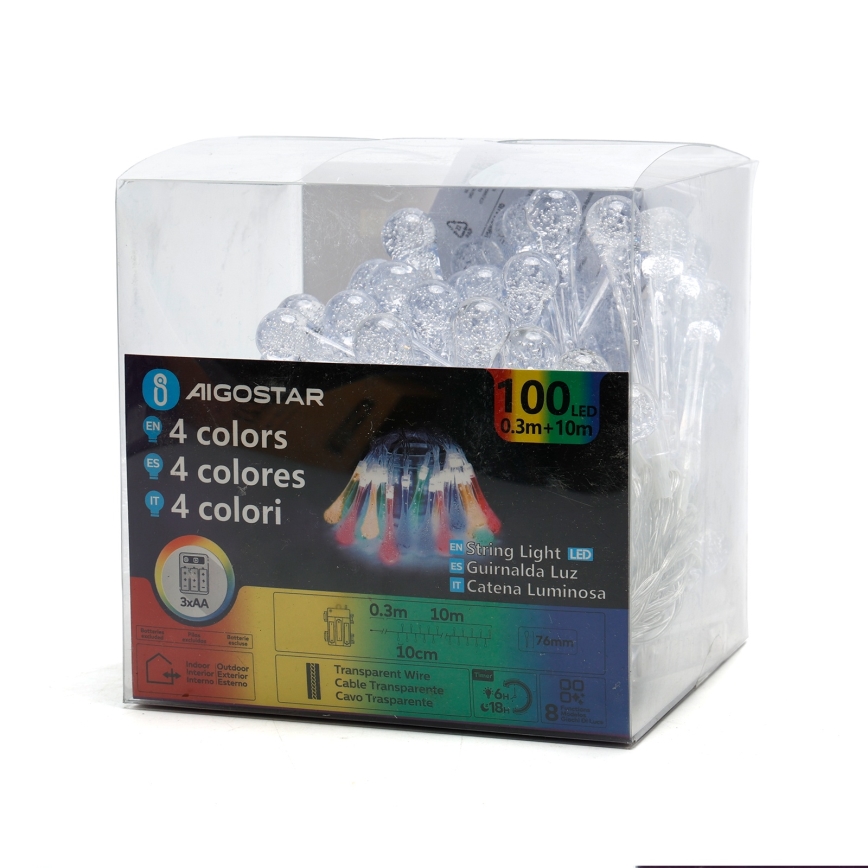 Aigostar - LED vonkajší vianočný reťaz 100xLED/8 funkcií 3xAA 10m IP44 viacfarebné kvapky