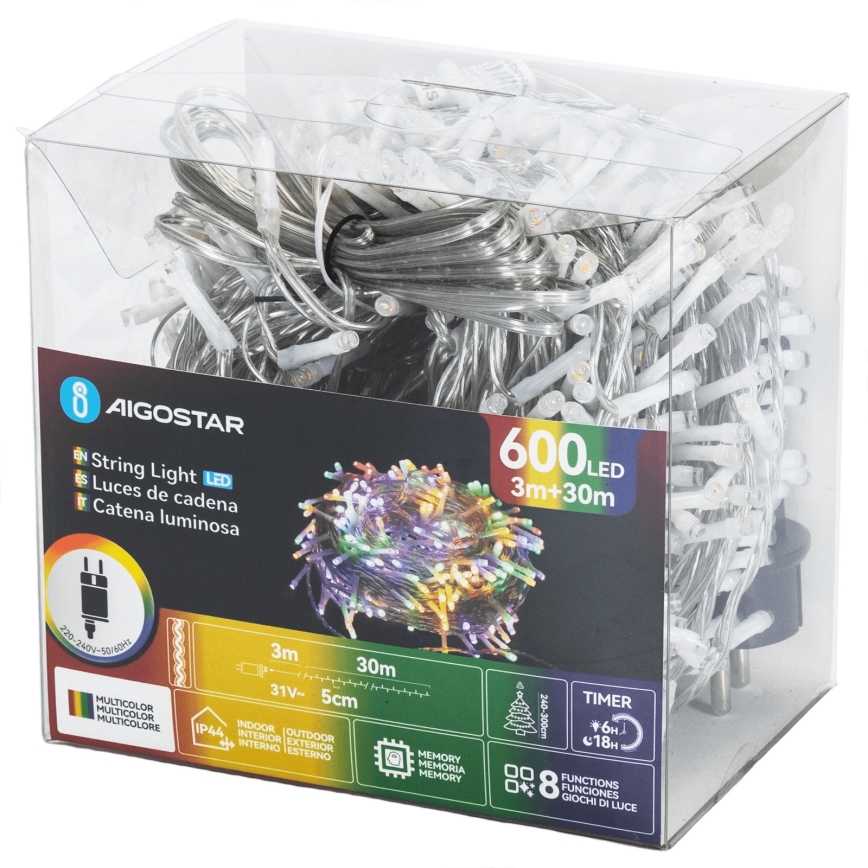 Aigostar - LED vonkajšia vianočná reťaz 600xLED/8 funkcií 30m IP44 viacfarebná
