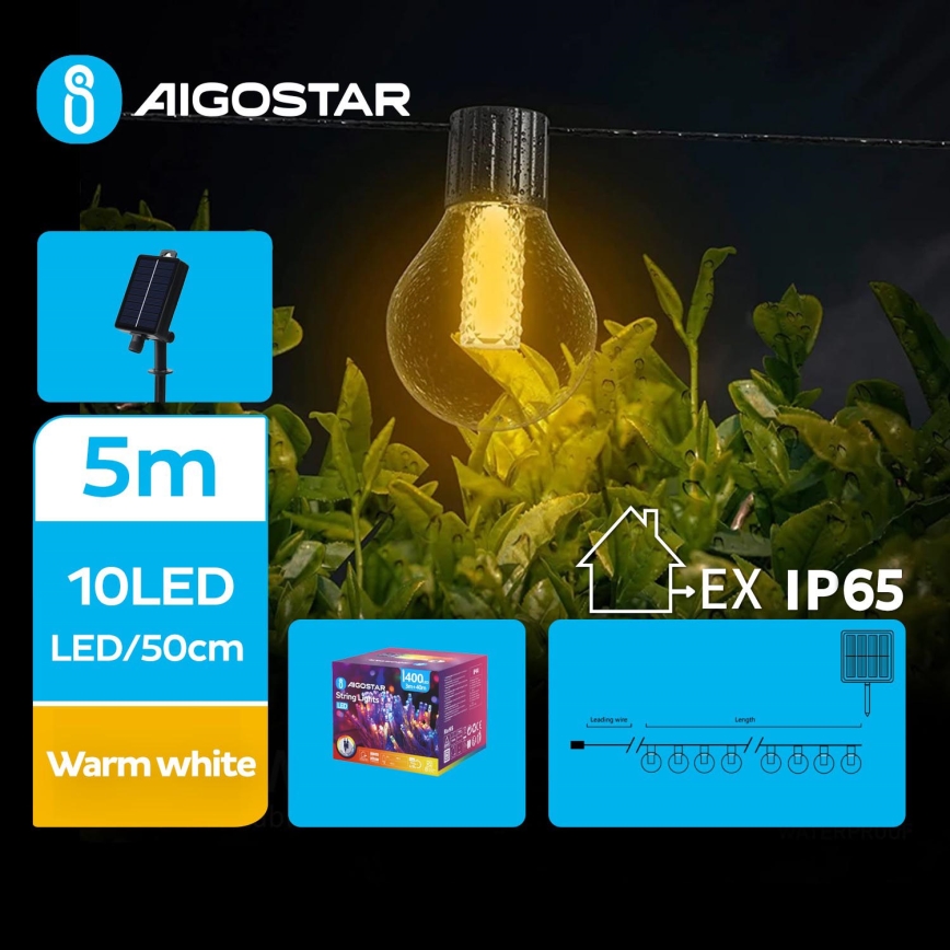 Aigostar - LED Solárna dekoračná reťaz 10xLED/8 funkcií 5,5m IP65 teplá biela 500 mAh