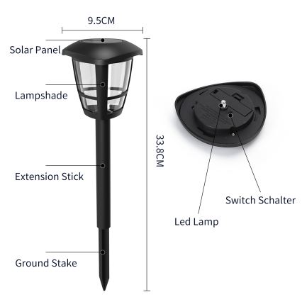 Aigostar - LED Solárna lampa LED/0,06W/2V 100 mAh 33,8 cm 6500K IP44 čierna