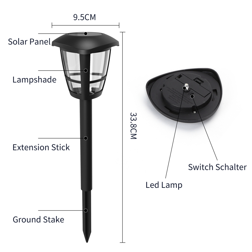 Aigostar - LED Solárna lampa LED/0,06W/2V 100 mAh 33,8 cm 6500K IP44 čierna